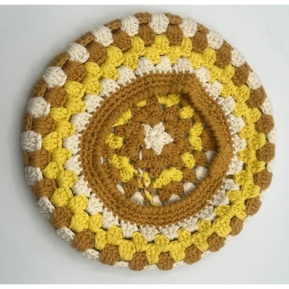 Free People Womens Crochet Beret Hat Yellow Brown Granny Square Cotton Boho 70's